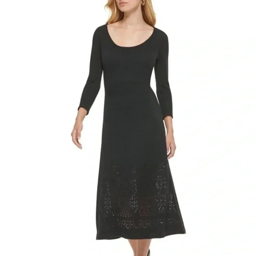 NWT Calvin Klein 3/4-Sleeve Scoop-Neck Midi Sweater Dress in Black Small
